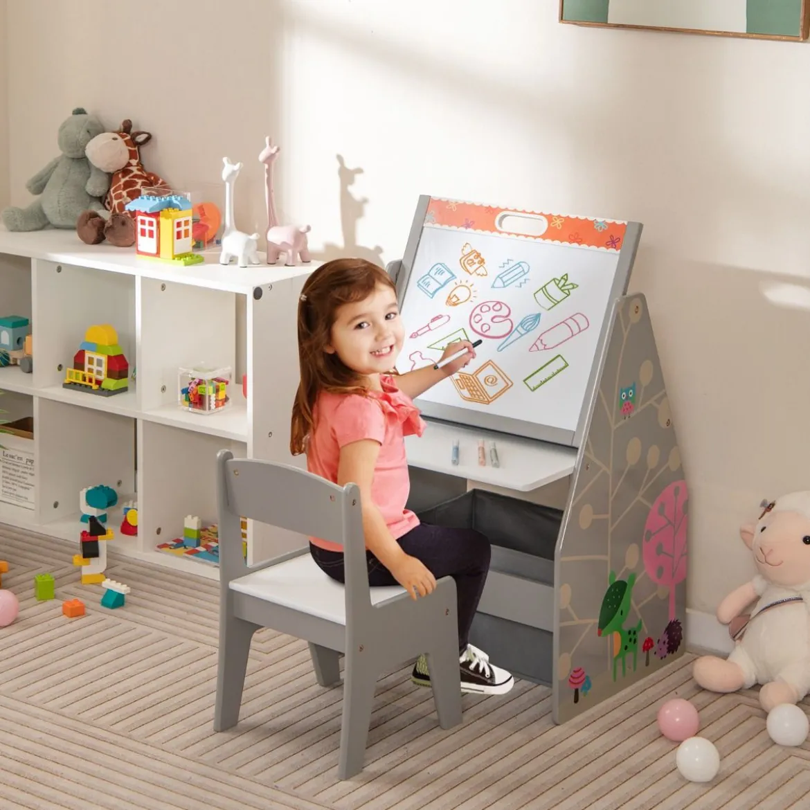 Doppelseitiges Kindertisch & Stuhl-Set mit Magnetischer Tafel & Whiteboard & Bücherregal Grau