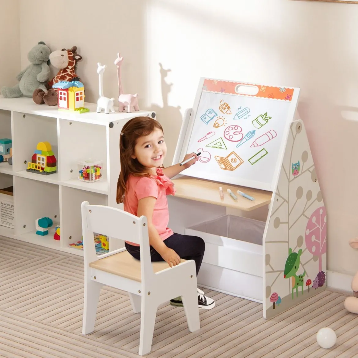 Doppelseitiges Kindertisch & Stuhl-Set mit Magnetischer Tafel & Whiteboard & Bücherregal Weiß