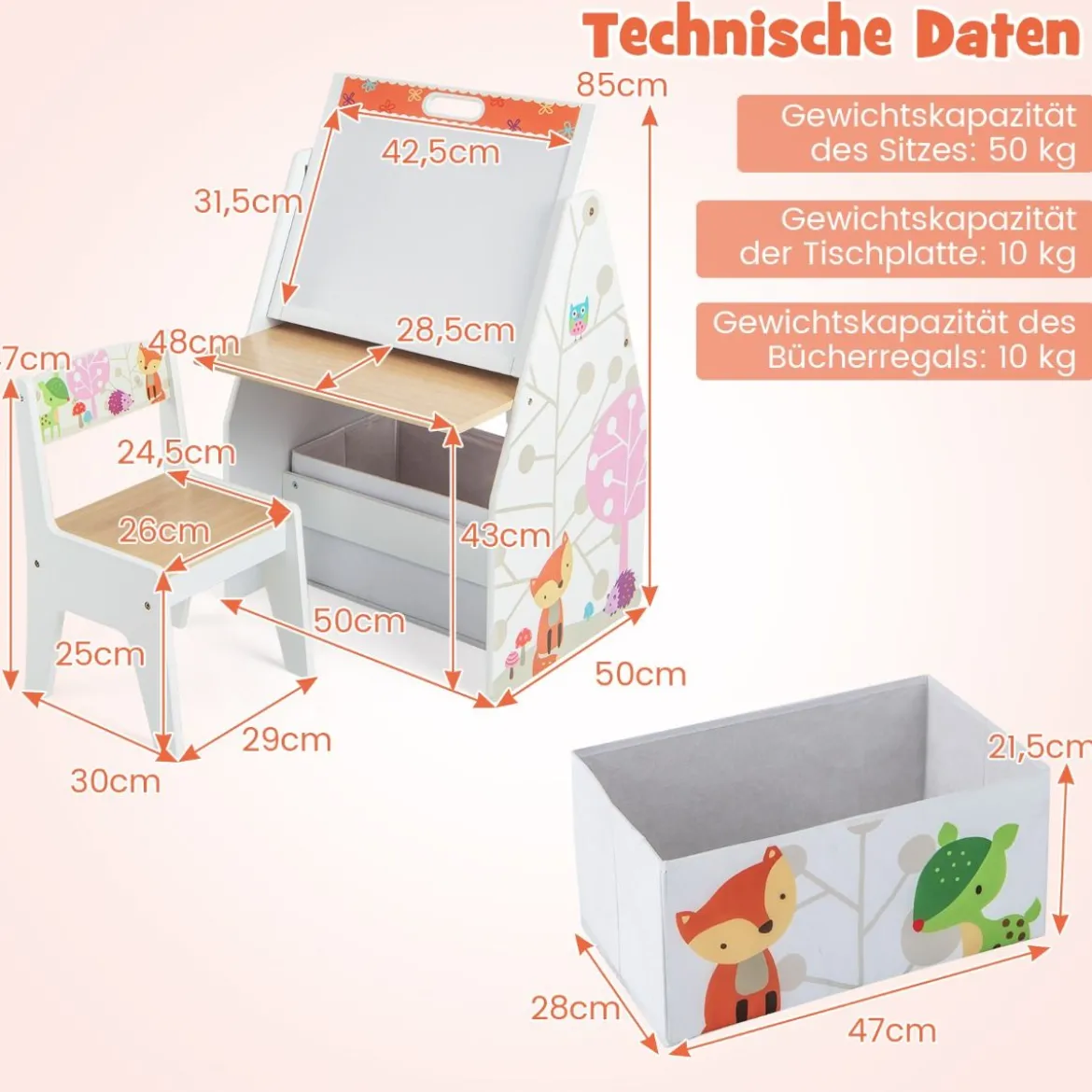 Doppelseitiges Kindertisch & Stuhl-Set mit Magnetischer Tafel & Whiteboard & Bücherregal Weiß