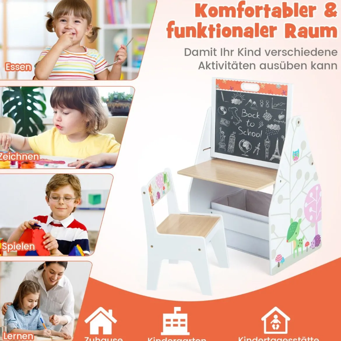Doppelseitiges Kindertisch & Stuhl-Set mit Magnetischer Tafel & Whiteboard & Bücherregal Weiß