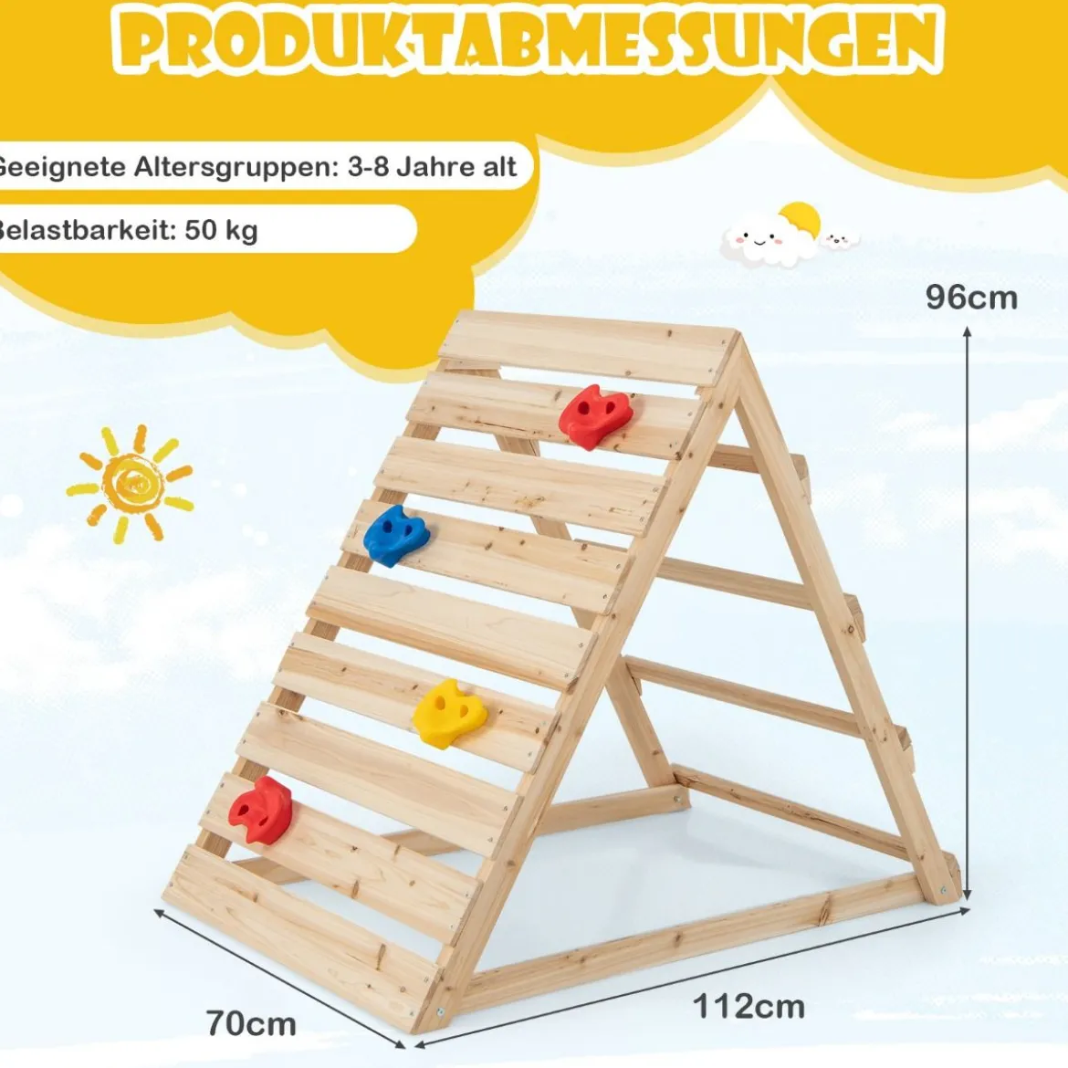 Doppelseitiges Kletterdreieck hölzernes Kletterspielzeug mit Kletterfelsen und Kletterleitern 112 x 70 x 96 cm Natur