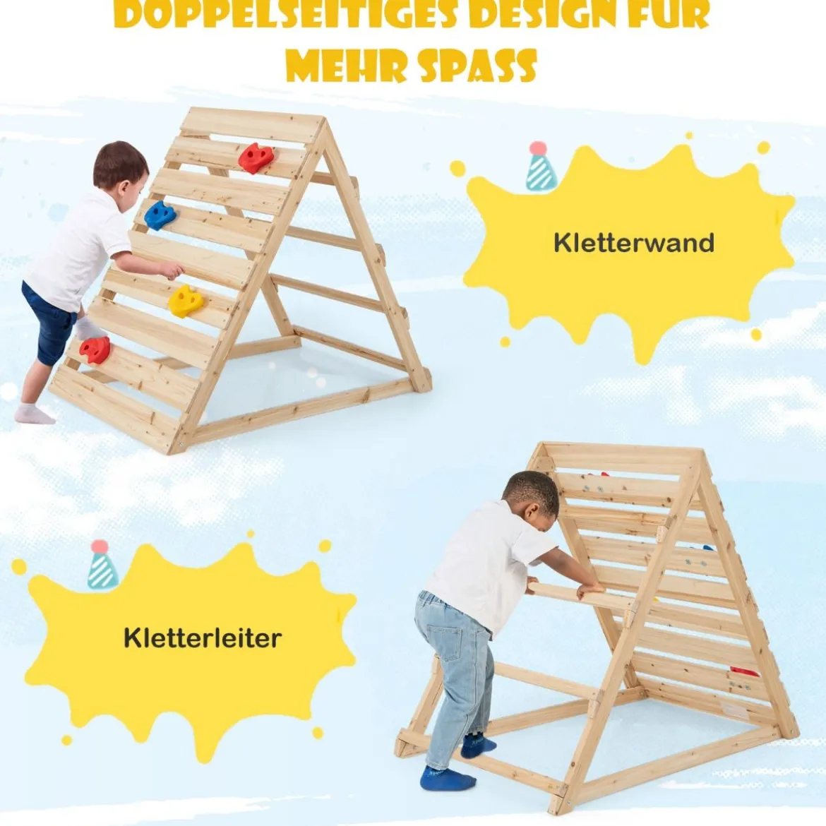 Doppelseitiges Kletterdreieck hölzernes Kletterspielzeug mit Kletterfelsen und Kletterleitern 112 x 70 x 96 cm Natur