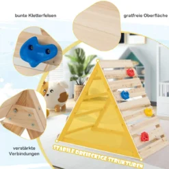 Doppelseitiges Kletterdreieck hölzernes Kletterspielzeug mit Kletterfelsen und Kletterleitern 112 x 70 x 96 cm Natur