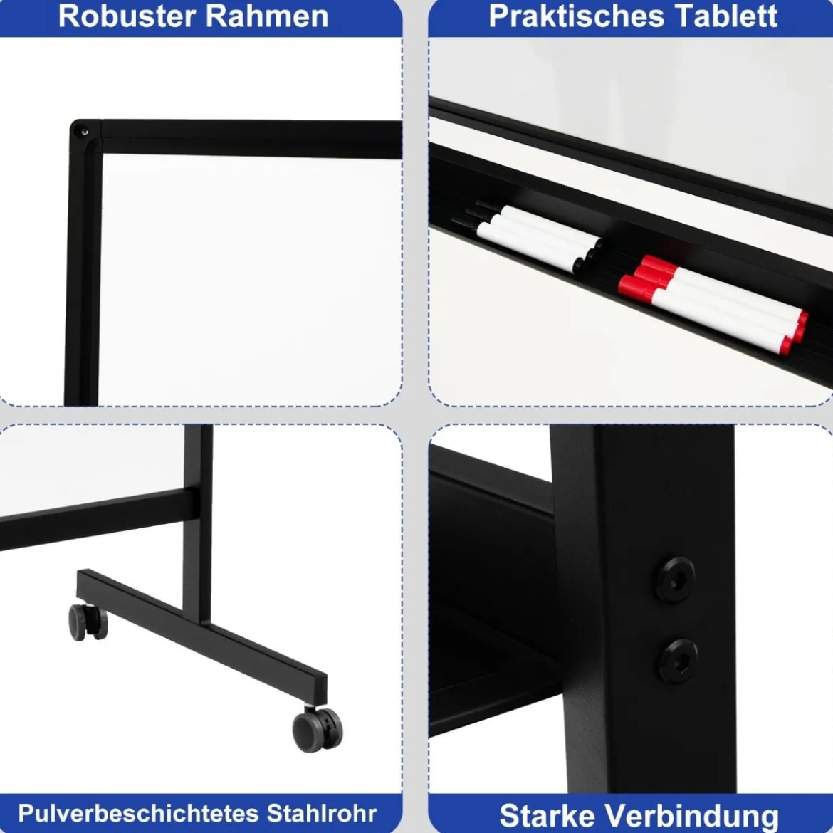 Doppelseitiges magnetisches mobiles Whiteboard mobile rollende Weißwandtafel für Büro Schwarz