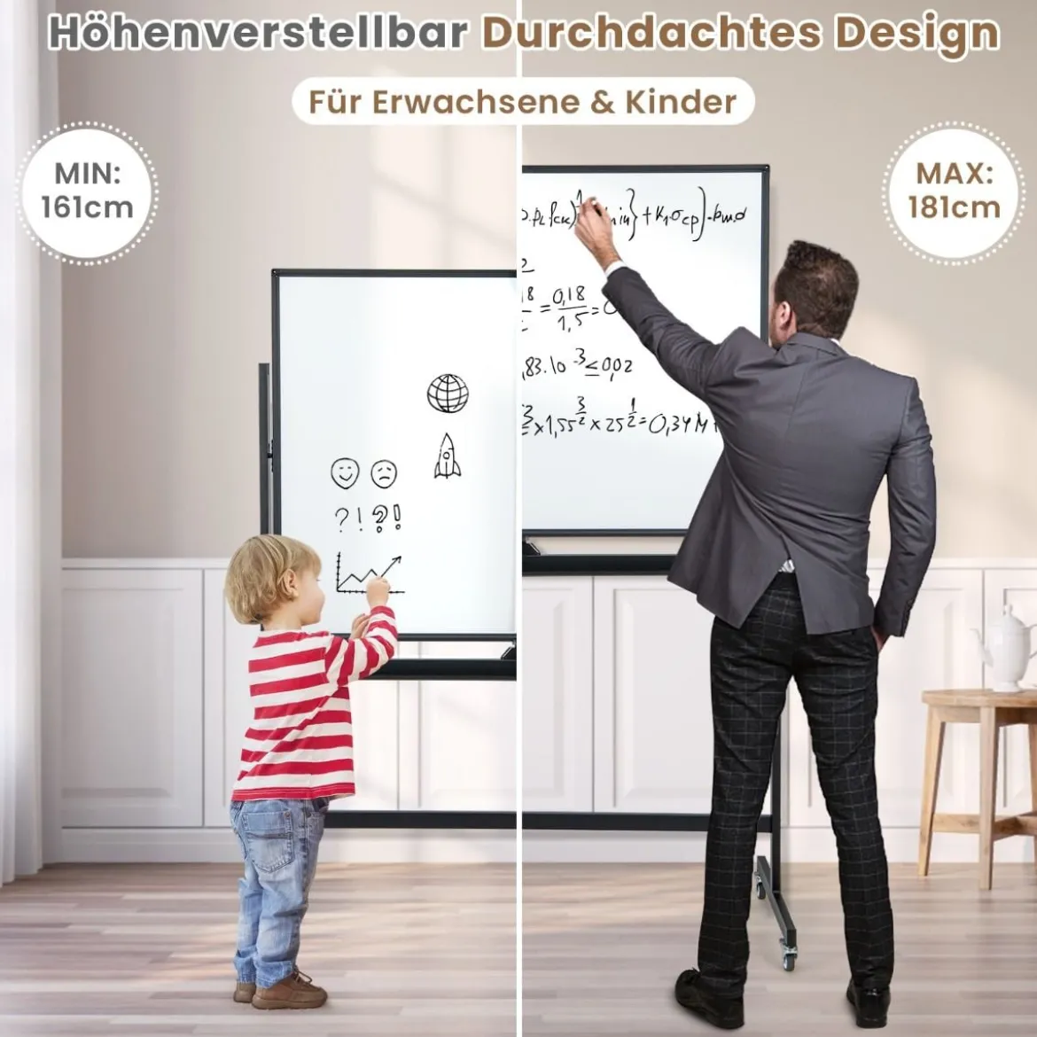 Doppelseitiges Mobiles Whiteboard mit Gittermuster & Ständer & Stiftablage 120 x 90 cm