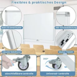 Doppelseitiges Mobiles Whiteboard mit Gittermuster & Ständer & Stiftablage 120 x 90 cm