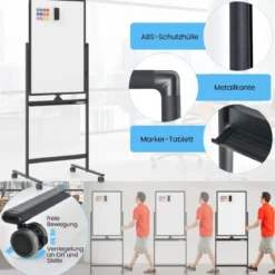 Doppelseitiges Mobiles Whiteboard mit Stiftablage & Zubehör für Schule Büro 60 x 90 cm Schwarz