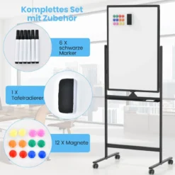 Doppelseitiges Mobiles Whiteboard mit Stiftablage & Zubehör für Schule Büro 60 x 90 cm Schwarz