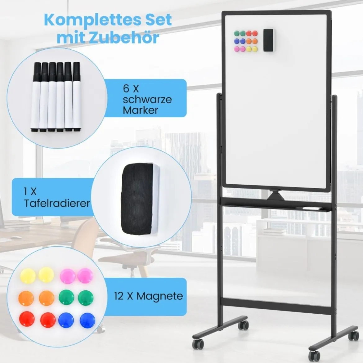 Doppelseitiges Mobiles Whiteboard mit Stiftablage & Zubehör für Schule Büro 60 x 90 cm Schwarz