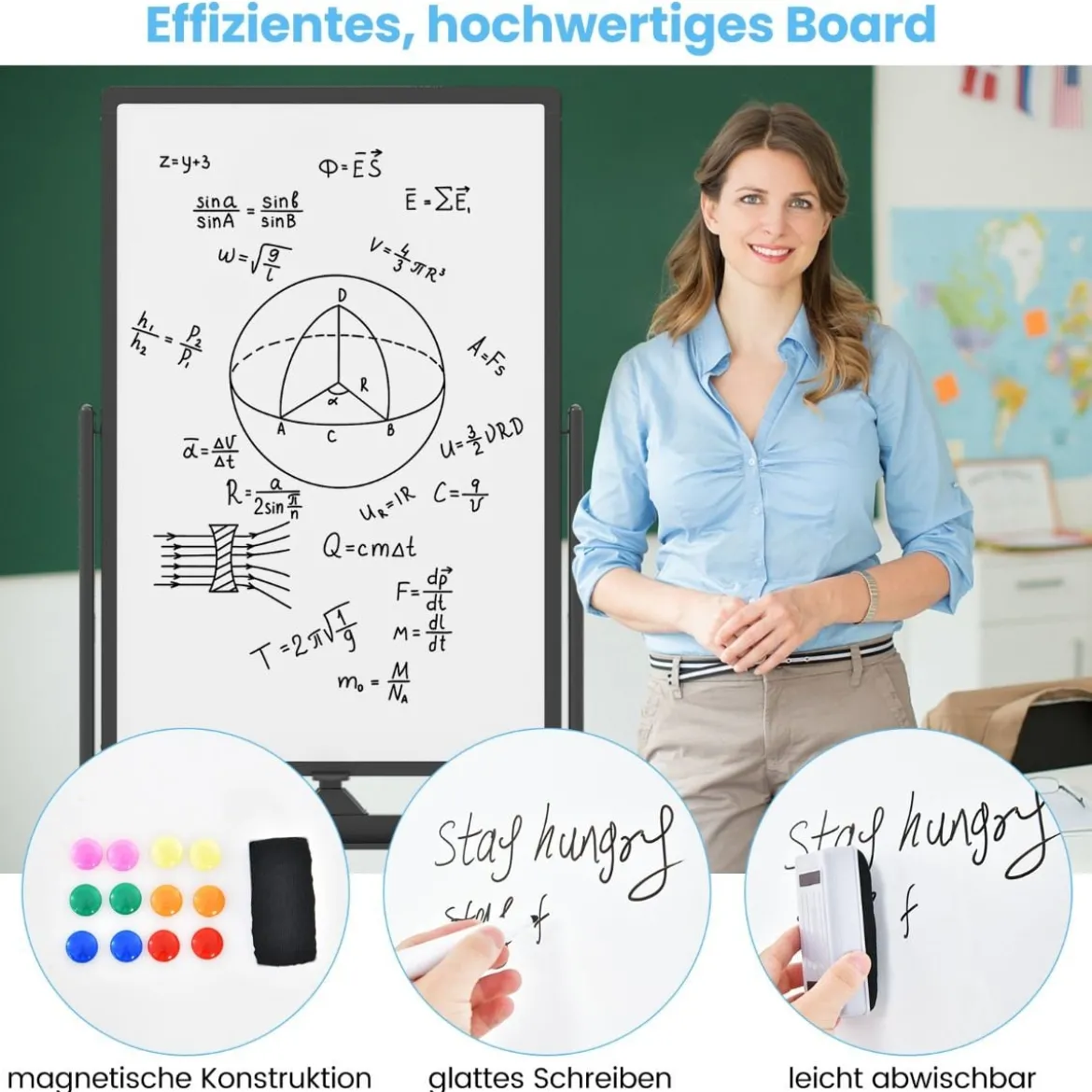 Doppelseitiges Mobiles Whiteboard mit Stiftablage & Zubehör für Schule Büro 60 x 90 cm Schwarz