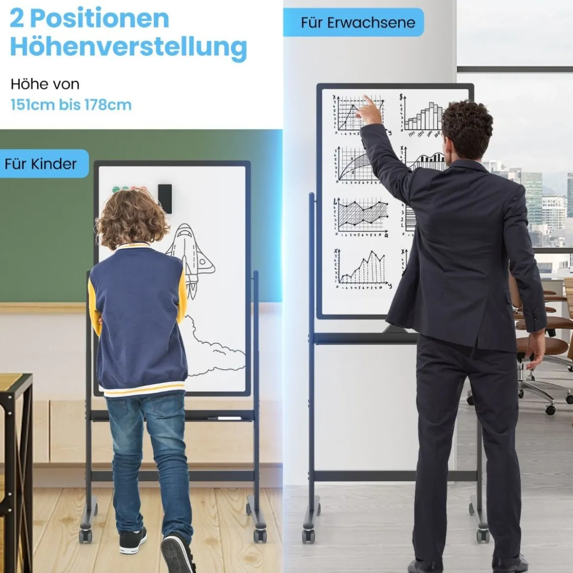 Doppelseitiges Mobiles Whiteboard mit Stiftablage & Zubehör für Schule Büro 60 x 90 cm Schwarz