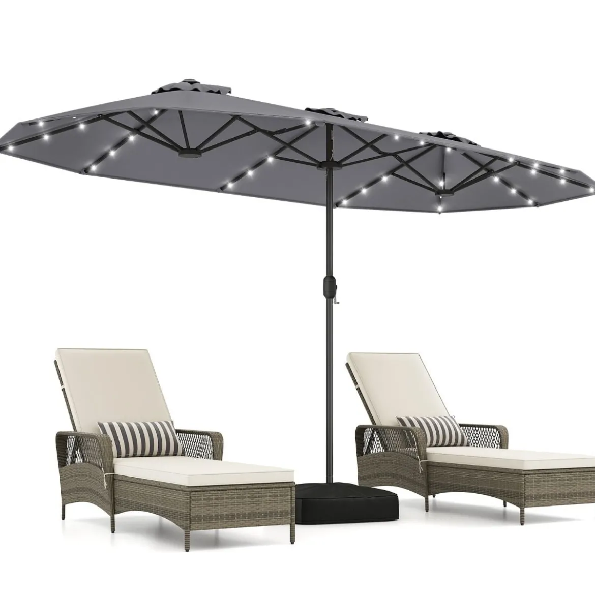 Doppelsonnenschirm mit Ständer & LED-Leuchten & UPF 50+ Sonnenschirm Gartenschirm Grau