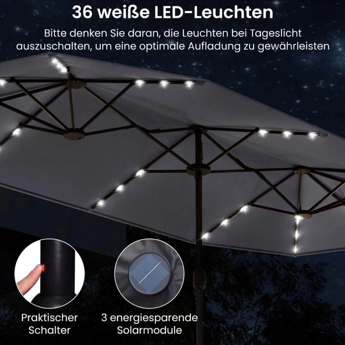 Doppelsonnenschirm mit Ständer & LED-Leuchten & UPF 50+ Sonnenschirm Gartenschirm Grau
