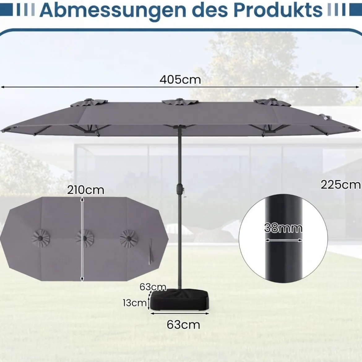 Doppelsonnenschirm mit Ständer & LED-Leuchten & UPF 50+ Sonnenschirm Gartenschirm Grau