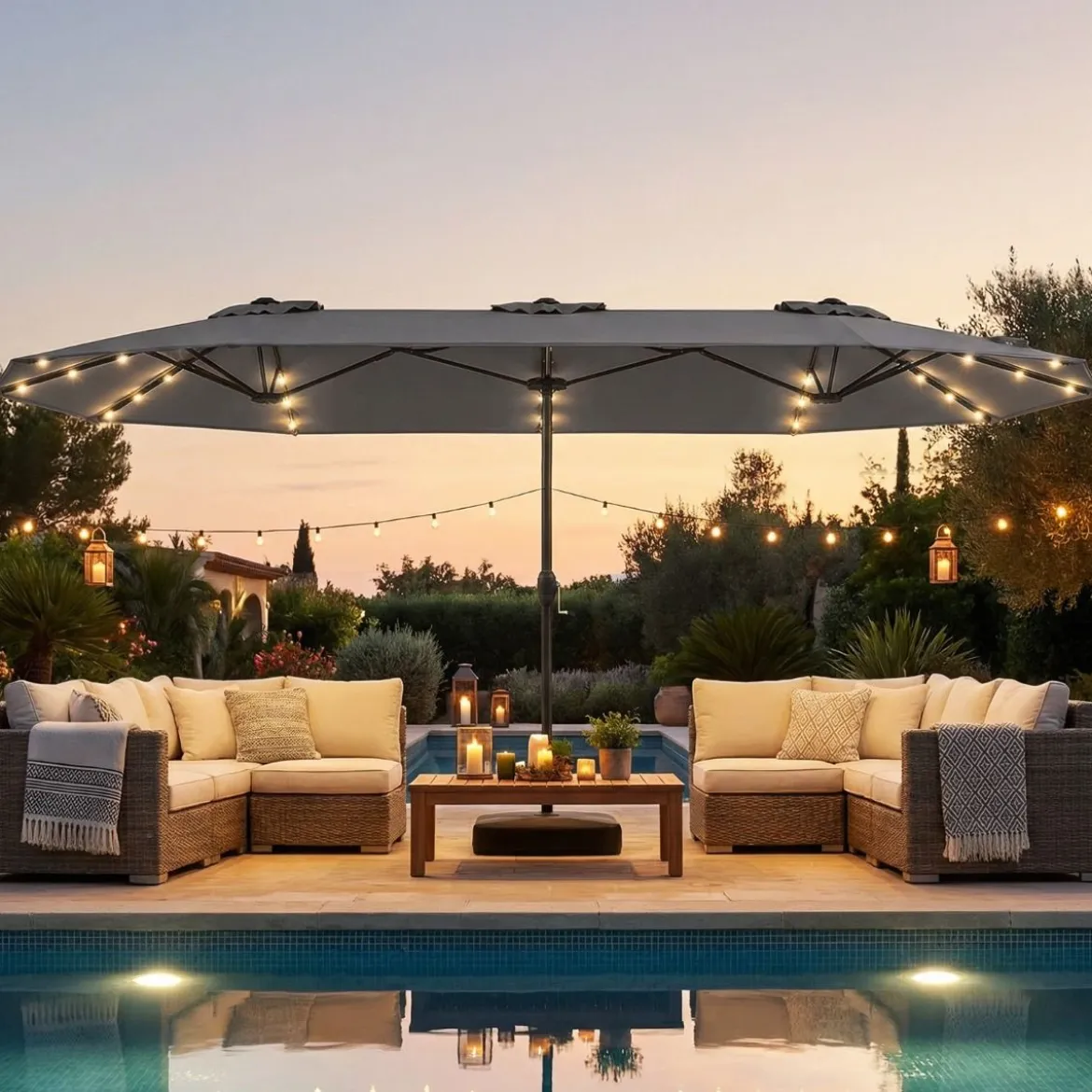 Doppelsonnenschirm mit Ständer & LED-Leuchten & UPF 50+ Sonnenschirm Gartenschirm Grau