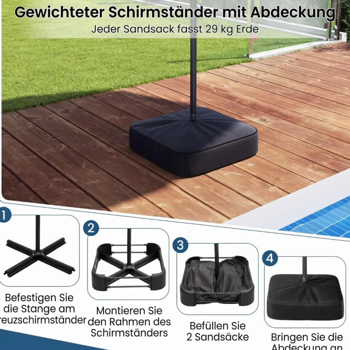 Doppelsonnenschirm mit Ständer & LED-Leuchten & UPF 50+ Sonnenschirm Gartenschirm Grau