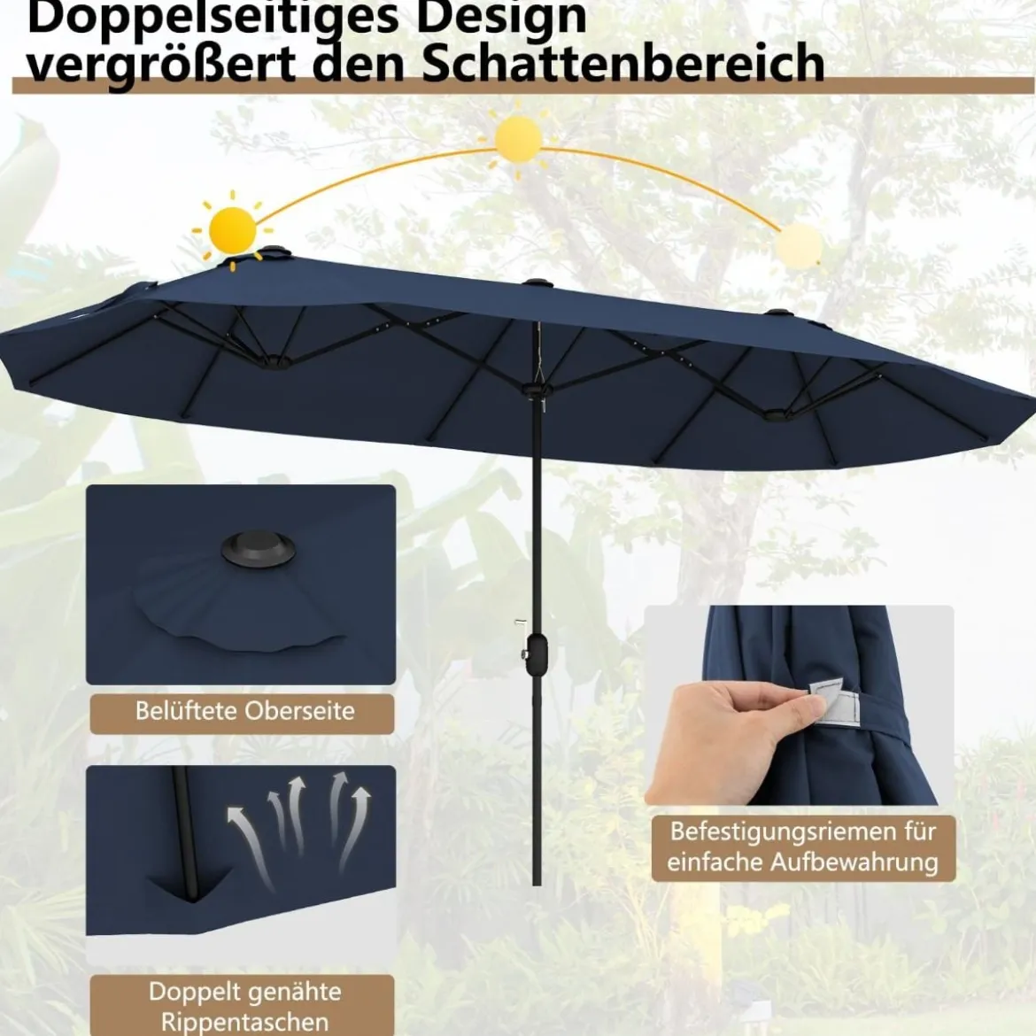 Doppelsonnenschirm mit Ständer Sonnenschirm UPF 50+ Gartenschirm 400 x 200 cm