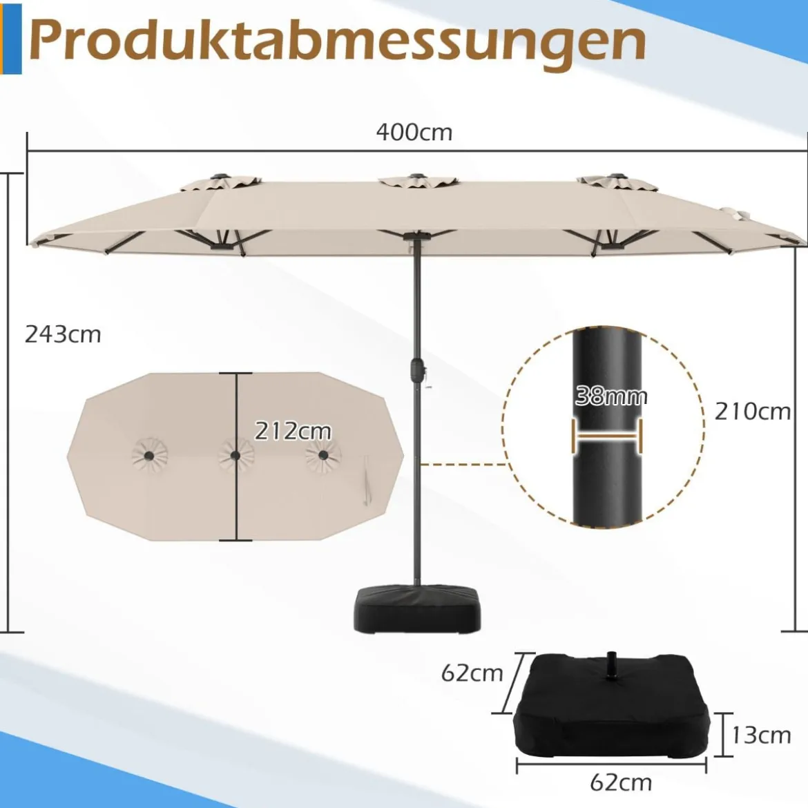 Doppelsonnenschirm mit Ständer Sonnenschirm UPF 50+ Gartenschirm 400 x 200 cm