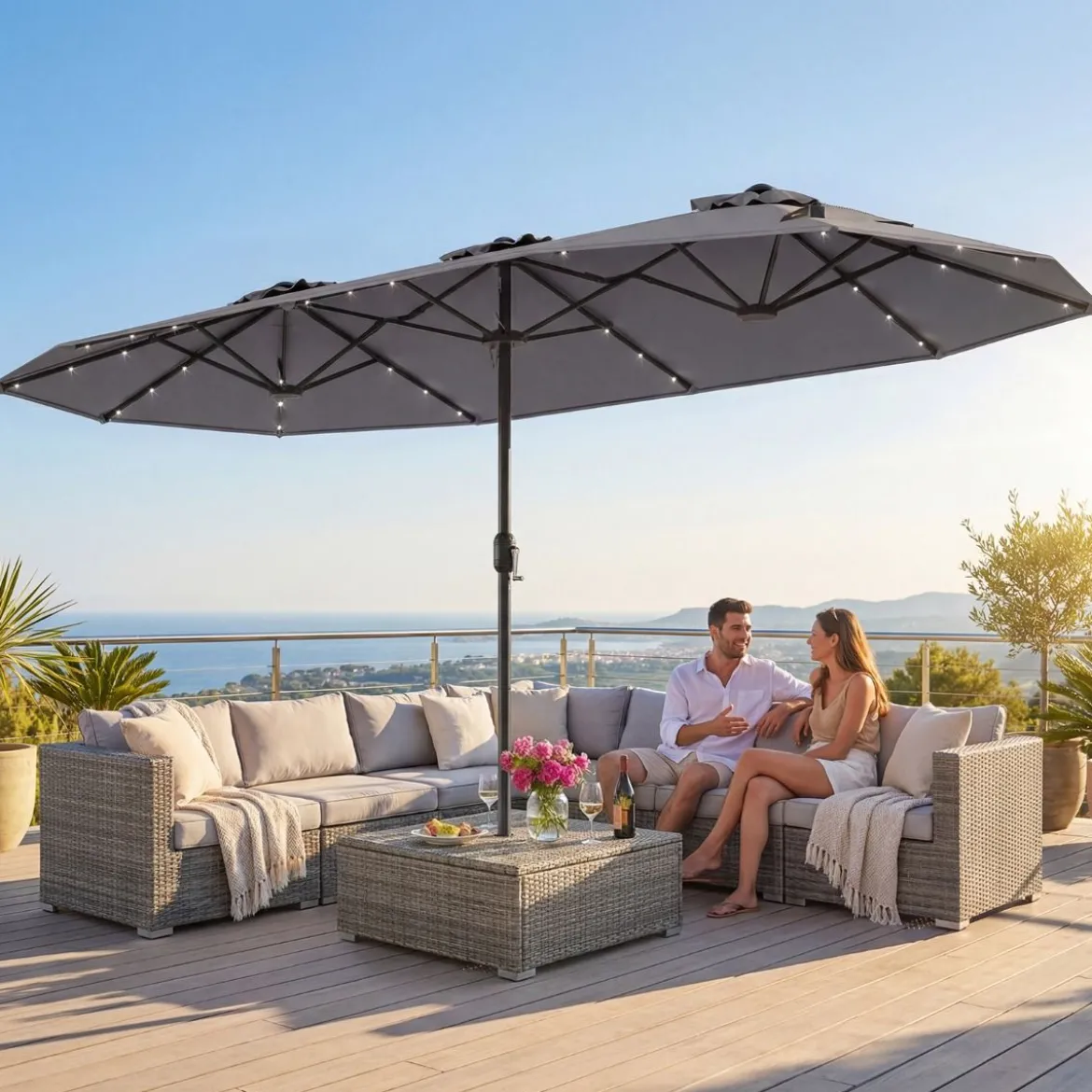 Doppelsonnenschirm mit Ständer & LED-Leuchten & UPF 50+ Sonnenschirm Gartenschirm