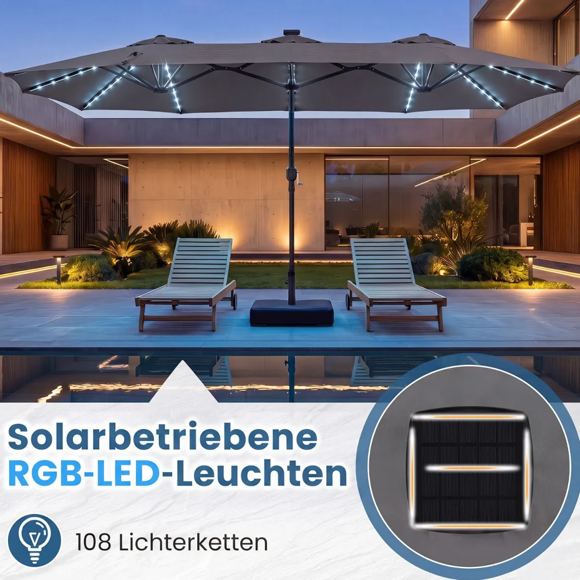 Doppelsonnenschirm 370 x 200 cm Sonnenschirm mit Kurbel & Ständer Terrassenschirm mit 108 LED-Lichtern Grau