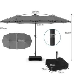 Doppelsonnenschirm 370 x 200 cm Sonnenschirm mit Kurbel & Ständer Terrassenschirm mit 108 LED-Lichtern Grau
