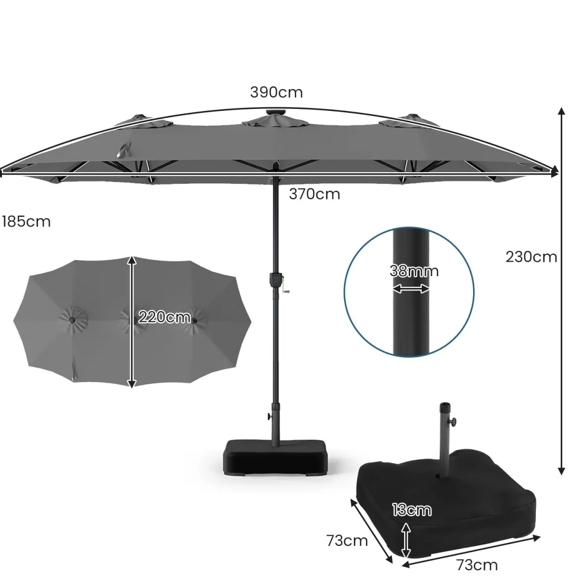 Doppelsonnenschirm 370 x 200 cm Sonnenschirm mit Kurbel & Ständer Terrassenschirm mit 108 LED-Lichtern Grau