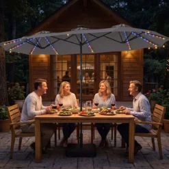 Doppelsonnenschirm 370 x 200 cm Sonnenschirm mit Kurbel & Ständer Terrassenschirm mit 108 LED-Lichtern Grau