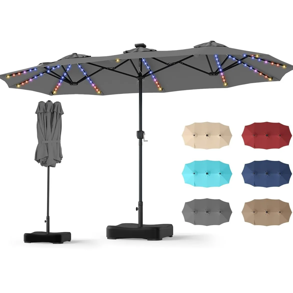 Doppelsonnenschirm 370 x 200 cm Sonnenschirm mit Kurbel & Ständer Terrassenschirm mit 108 LED-Lichtern Grau