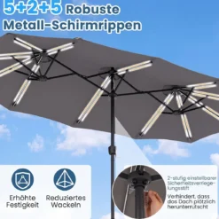 Doppelsonnenschirm 370 x 200 cm Sonnenschirm mit Kurbel & Ständer Terrassenschirm mit 108 LED-Lichtern Grau