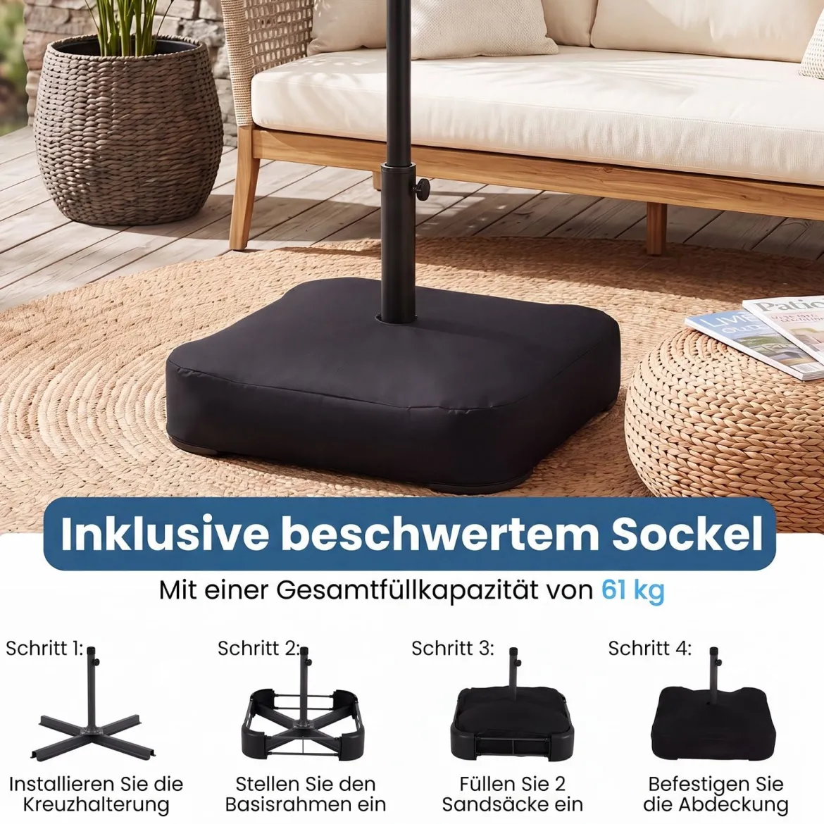 Doppelsonnenschirm 370 x 200 cm Sonnenschirm mit Kurbel & Ständer Terrassenschirm mit 108 LED-Lichtern Grau