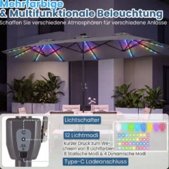 Doppelsonnenschirm 370 x 200 cm Sonnenschirm mit Kurbel & Ständer Terrassenschirm mit 108 LED-Lichtern Grau