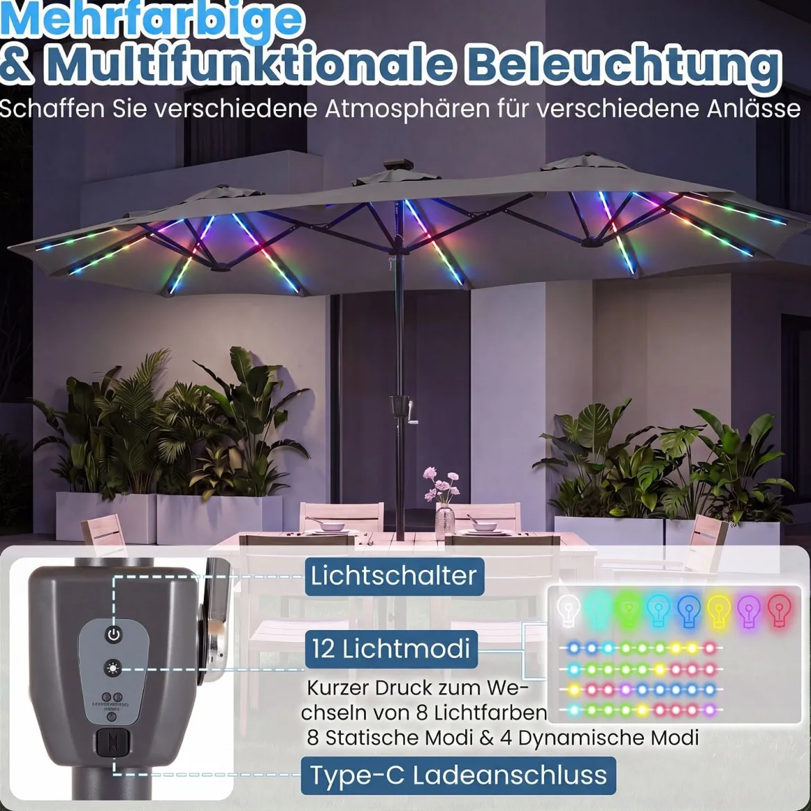 Doppelsonnenschirm 370 x 200 cm Sonnenschirm mit Kurbel & Ständer Terrassenschirm mit 108 LED-Lichtern Grau