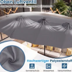 Doppelsonnenschirm 370 x 200 cm Sonnenschirm mit Kurbel & Ständer Terrassenschirm mit 108 LED-Lichtern Grau