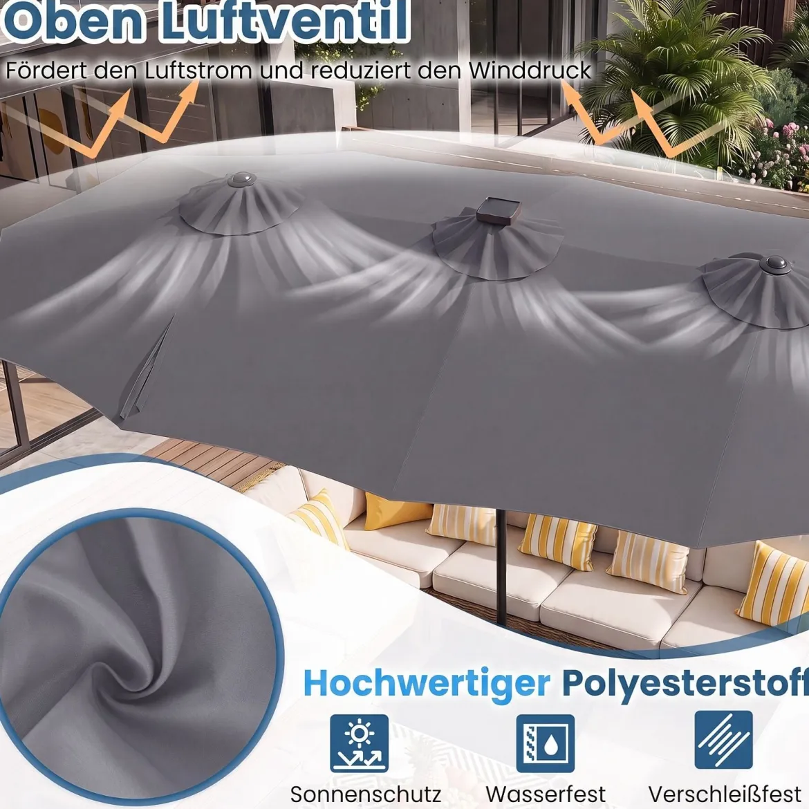 Doppelsonnenschirm 370 x 200 cm Sonnenschirm mit Kurbel & Ständer Terrassenschirm mit 108 LED-Lichtern Grau