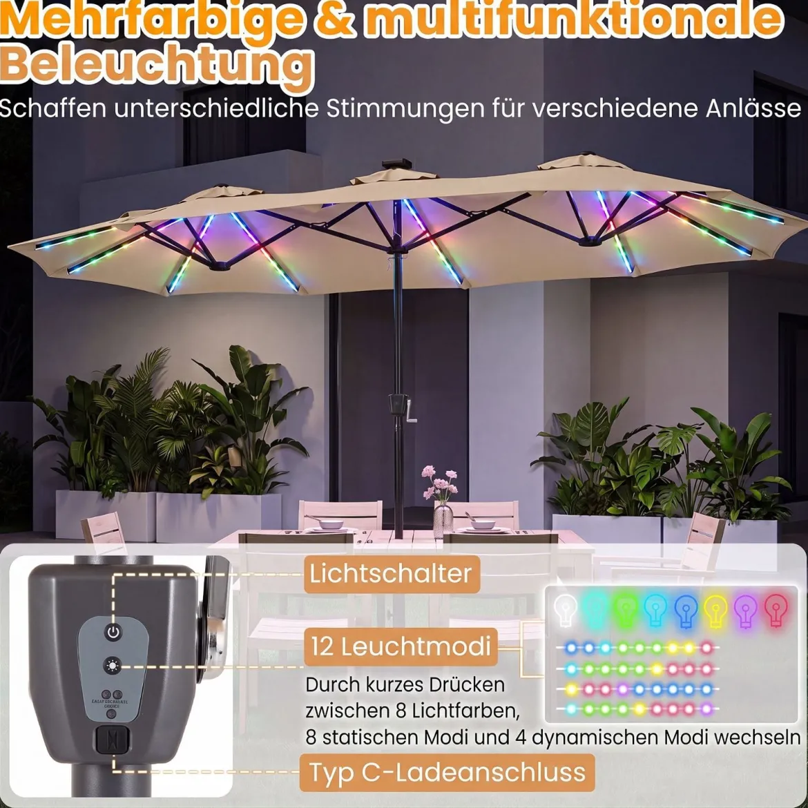 Doppelsonnenschirm 370 x 200 cm Sonnenschirm mit Kurbel & Ständer Terrassenschirm mit 108 LED-Lichtern Beige