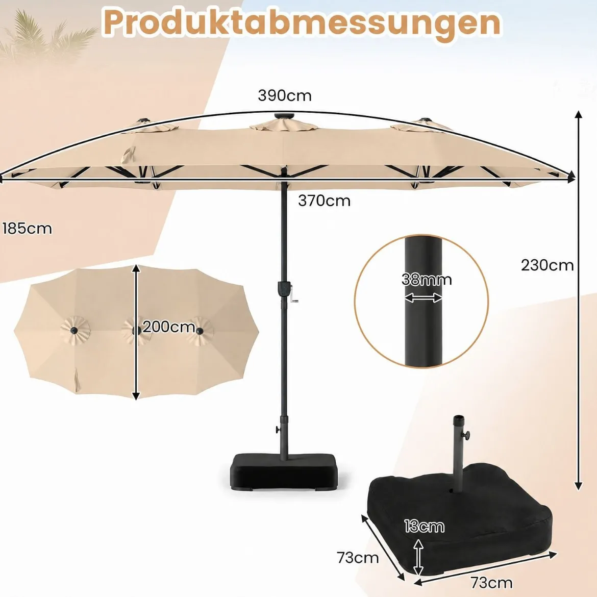 Doppelsonnenschirm 370 x 200 cm Sonnenschirm mit Kurbel & Ständer Terrassenschirm mit 108 LED-Lichtern Beige