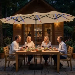 Doppelsonnenschirm 370 x 200 cm Sonnenschirm mit Kurbel & Ständer Terrassenschirm mit 108 LED-Lichtern Beige