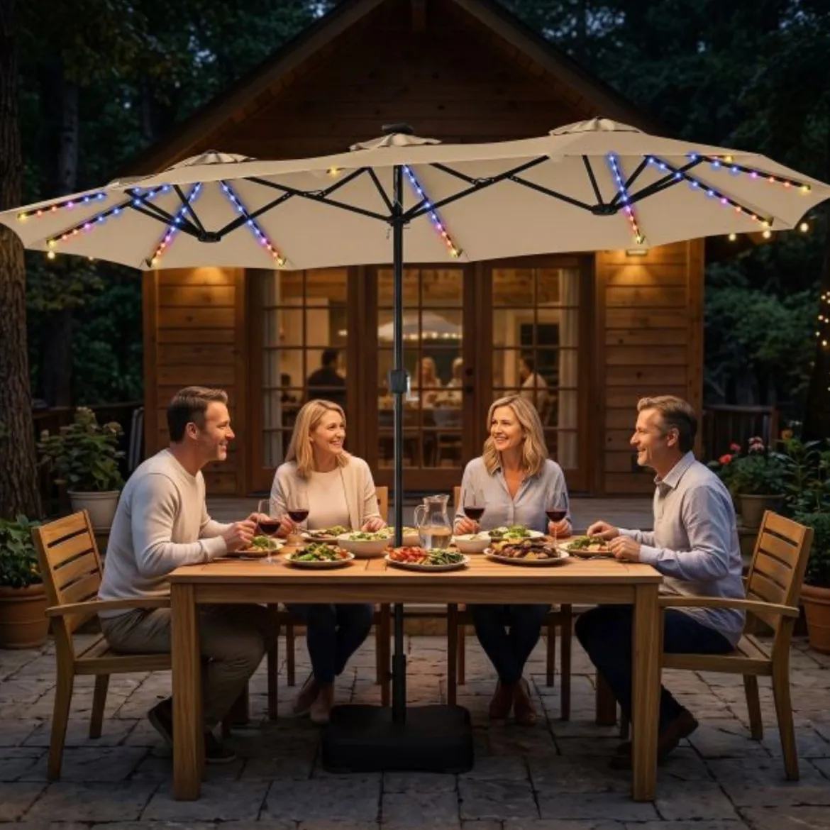 Doppelsonnenschirm 370 x 200 cm Sonnenschirm mit Kurbel & Ständer Terrassenschirm mit 108 LED-Lichtern Beige