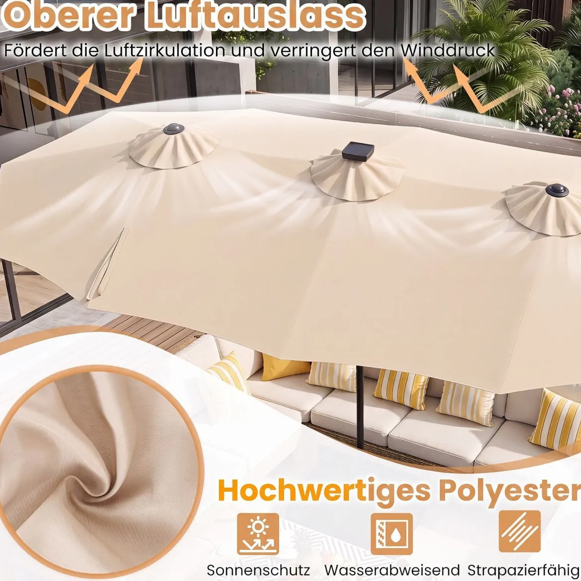 Doppelsonnenschirm 370 x 200 cm Sonnenschirm mit Kurbel & Ständer Terrassenschirm mit 108 LED-Lichtern Beige