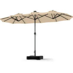 Doppelsonnenschirm 370 x 200 cm Sonnenschirm mit Kurbel & Ständer Terrassenschirm mit 108 LED-Lichtern Beige