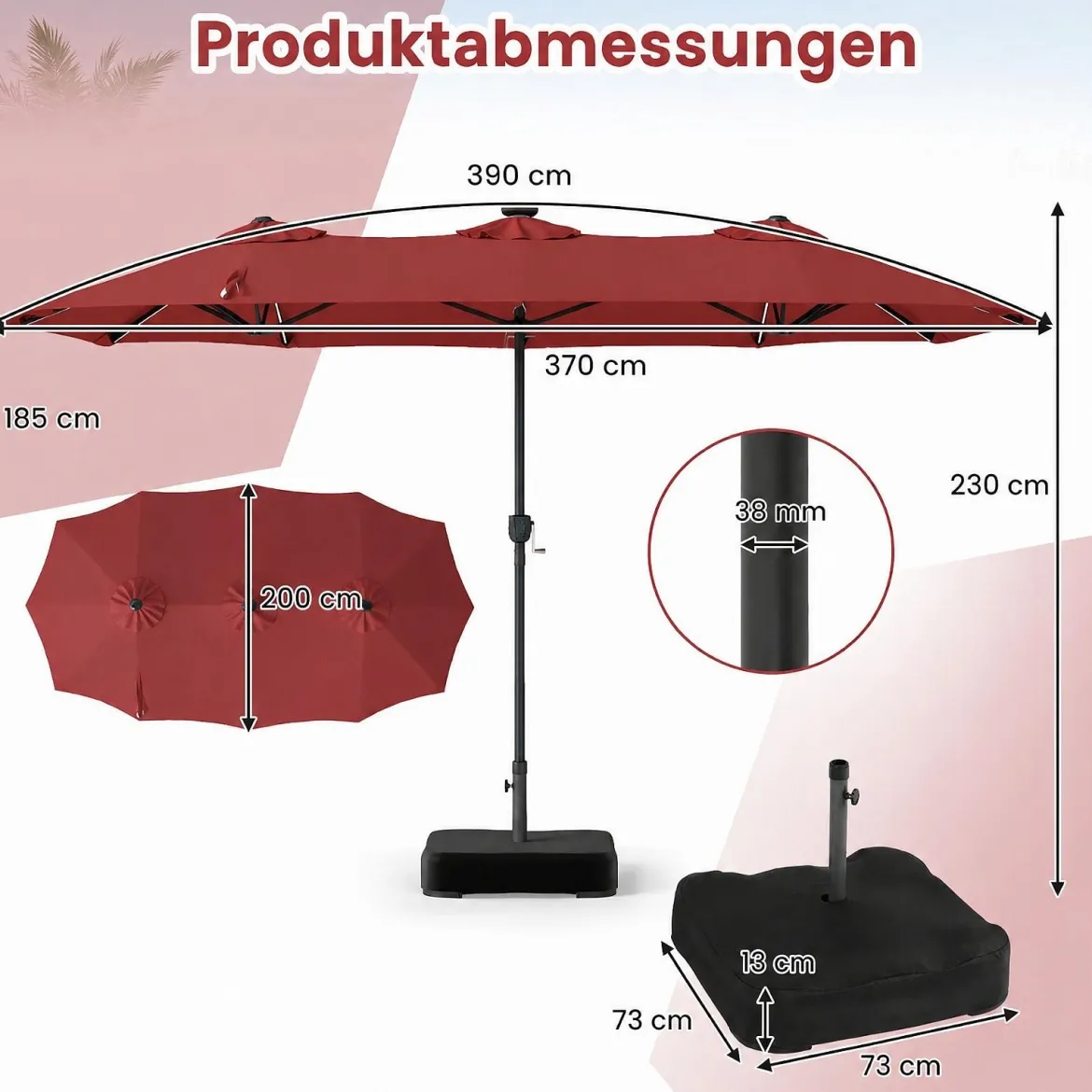 Doppelsonnenschirm 370 x 200 cm Sonnenschirm mit Kurbel & Ständer Terrassenschirm mit 108 LED-Lichtern Weinrot