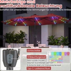 Doppelsonnenschirm 370 x 200 cm Sonnenschirm mit Kurbel & Ständer Terrassenschirm mit 108 LED-Lichtern Weinrot