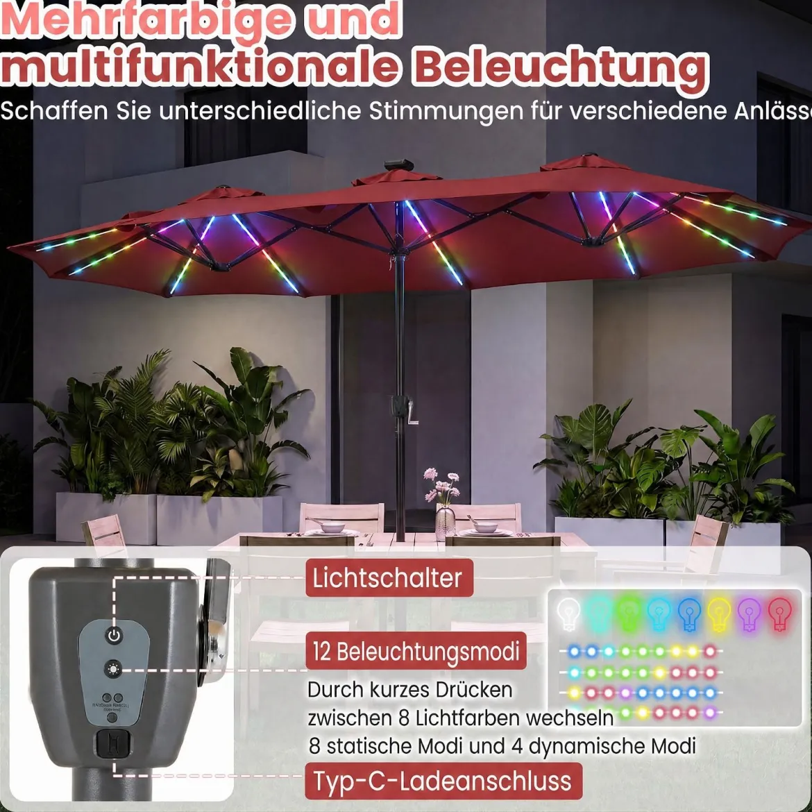 Doppelsonnenschirm 370 x 200 cm Sonnenschirm mit Kurbel & Ständer Terrassenschirm mit 108 LED-Lichtern Weinrot
