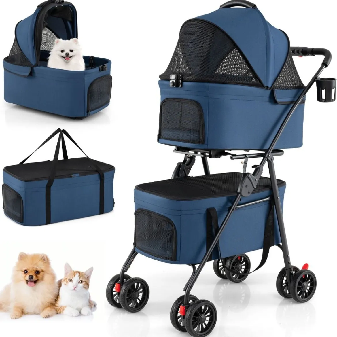 Doppelte Haustierwagen 3 in 1 faltbar Hundewagen mit 2 abnehmbaren Trägern Blau