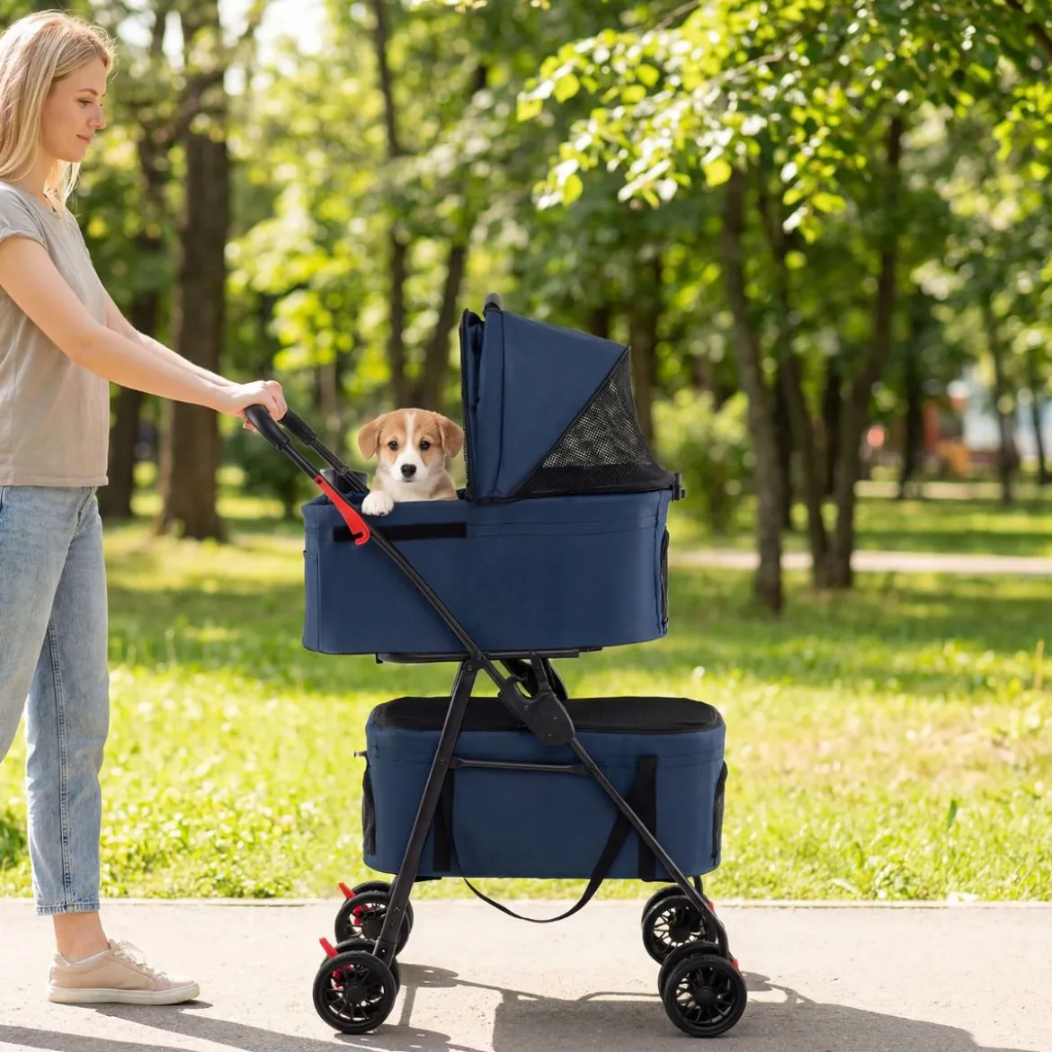 Doppelte Haustierwagen 3 in 1 faltbar Hundewagen mit 2 abnehmbaren Trägern Blau