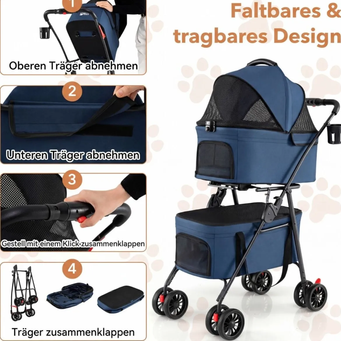 Doppelte Haustierwagen 3 in 1 faltbar Hundewagen mit 2 abnehmbaren Trägern Blau