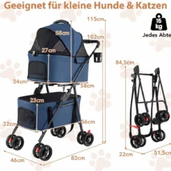 Doppelte Haustierwagen 3 in 1 faltbar Hundewagen mit 2 abnehmbaren Trägern Blau