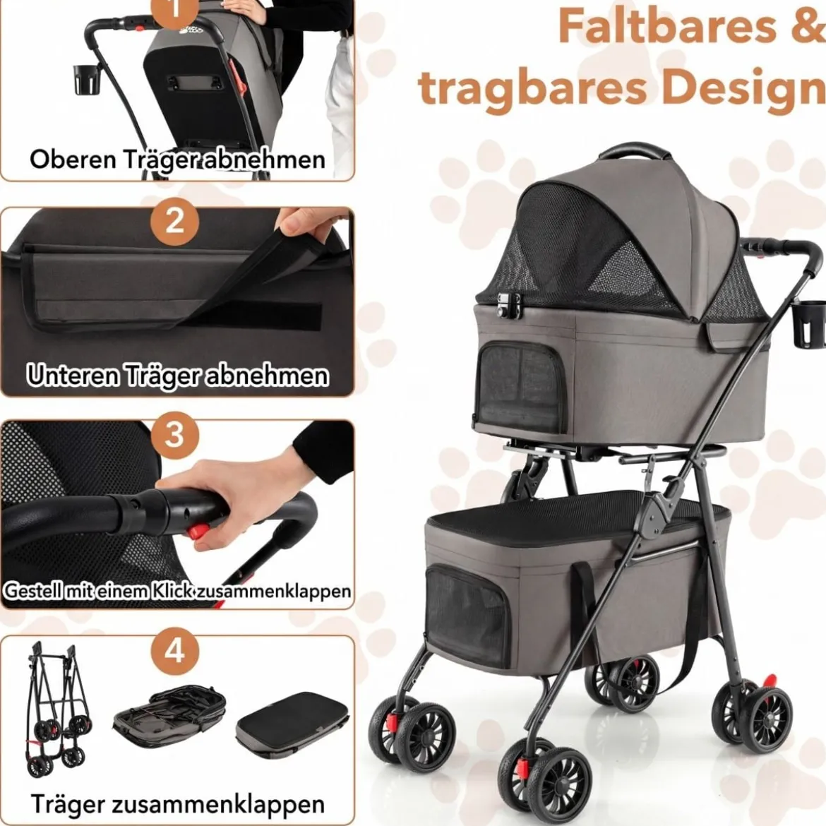 Doppelte Haustierwagen 3 in 1 faltbar Hundewagen mit 2 abnehmbaren Trägern Grau