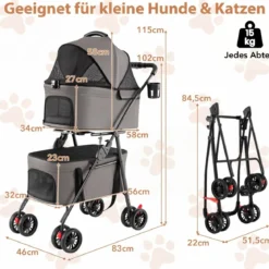 Doppelte Haustierwagen 3 in 1 faltbar Hundewagen mit 2 abnehmbaren Trägern Grau