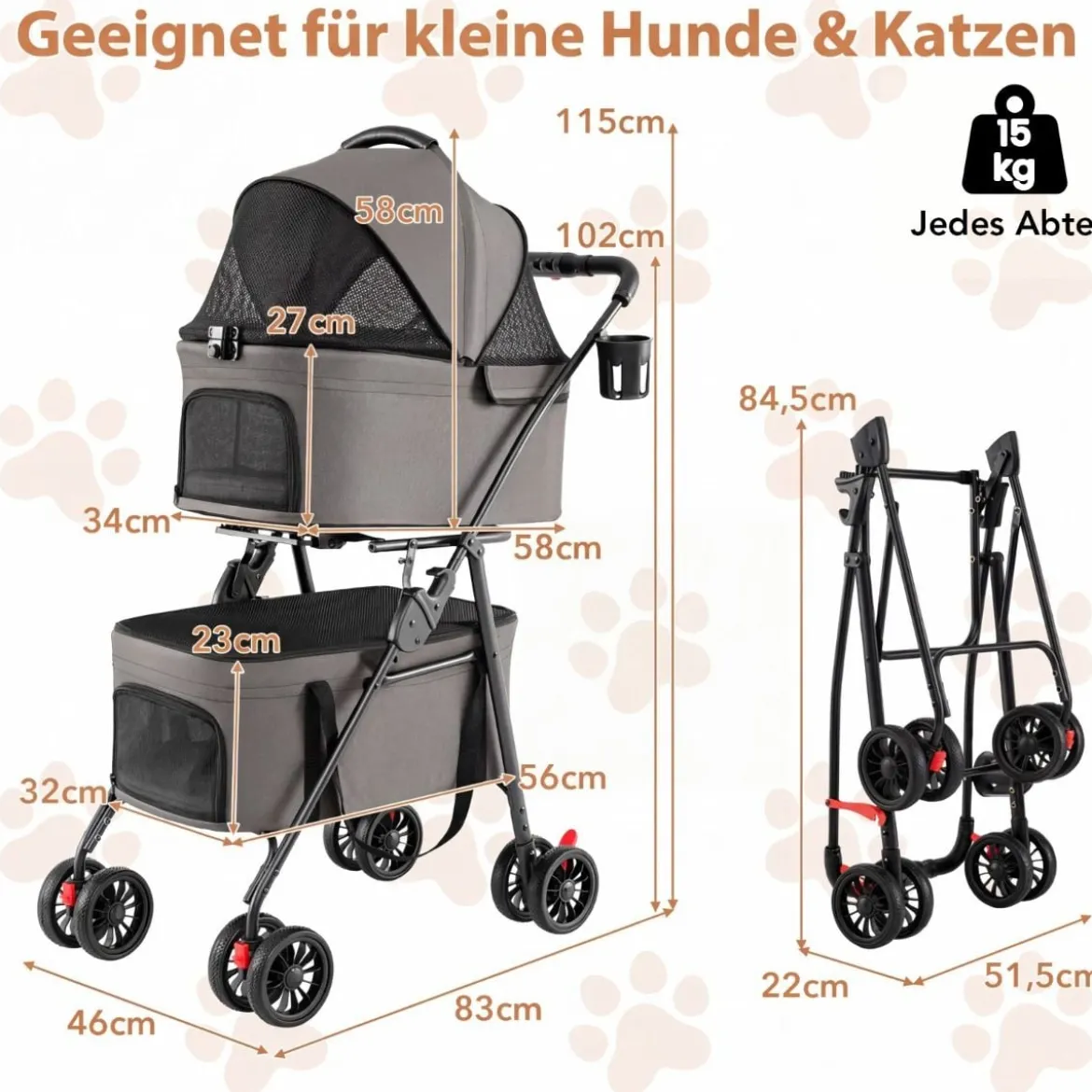 Doppelte Haustierwagen 3 in 1 faltbar Hundewagen mit 2 abnehmbaren Trägern Grau